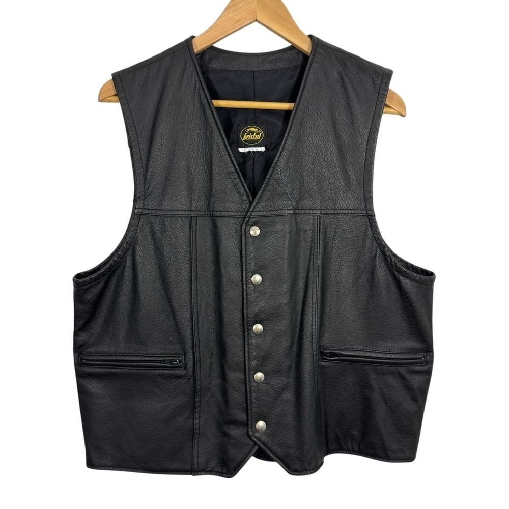 Bristol Genuine Leather Vest Mens L Black Snap Button Biker Grunge Moto EUC 3167